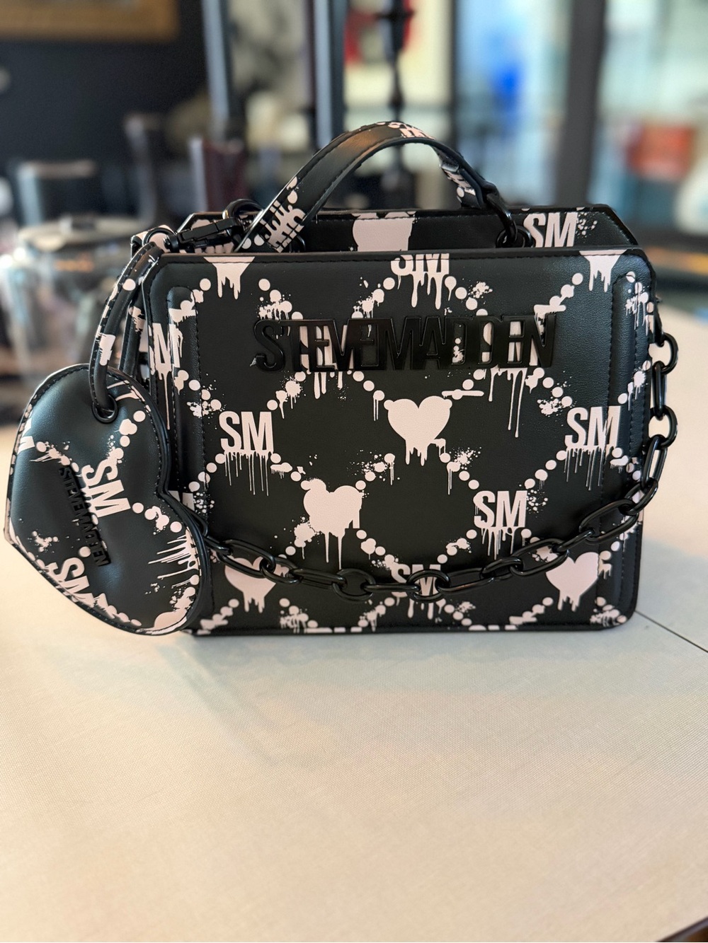 Steve Madden Black Pink Heart Graffiti Handbag Purse w/ Heart Pouch